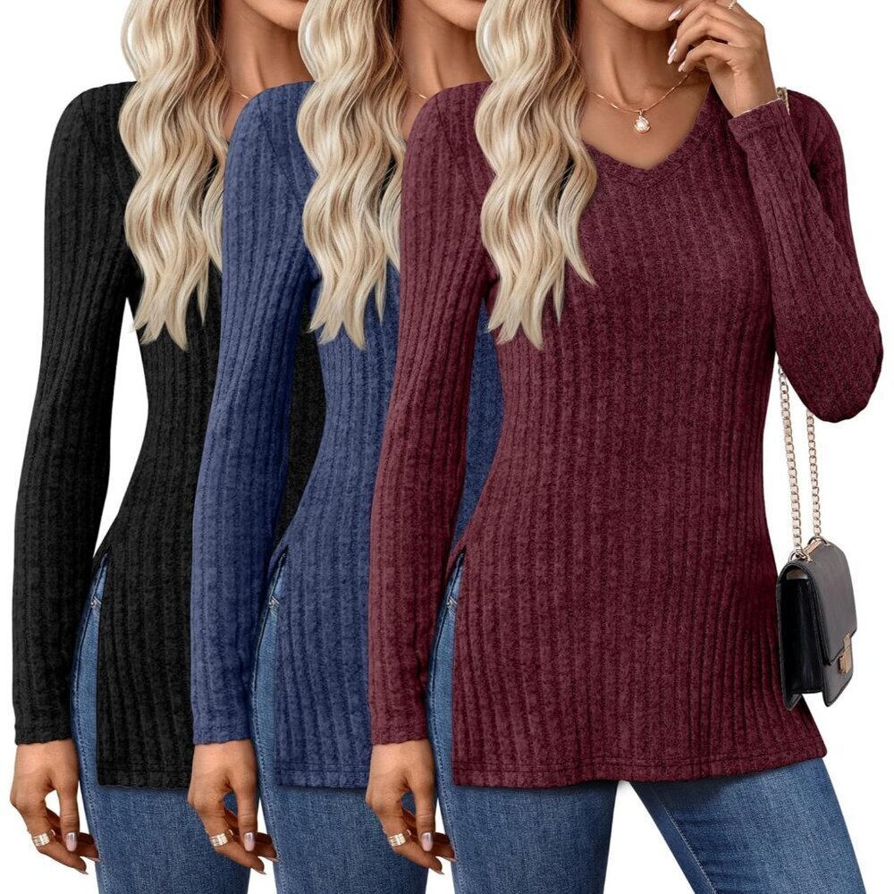 Women's Long Sleeve V Neck Sweater Pack Soft Breathable Lightweight Tunic